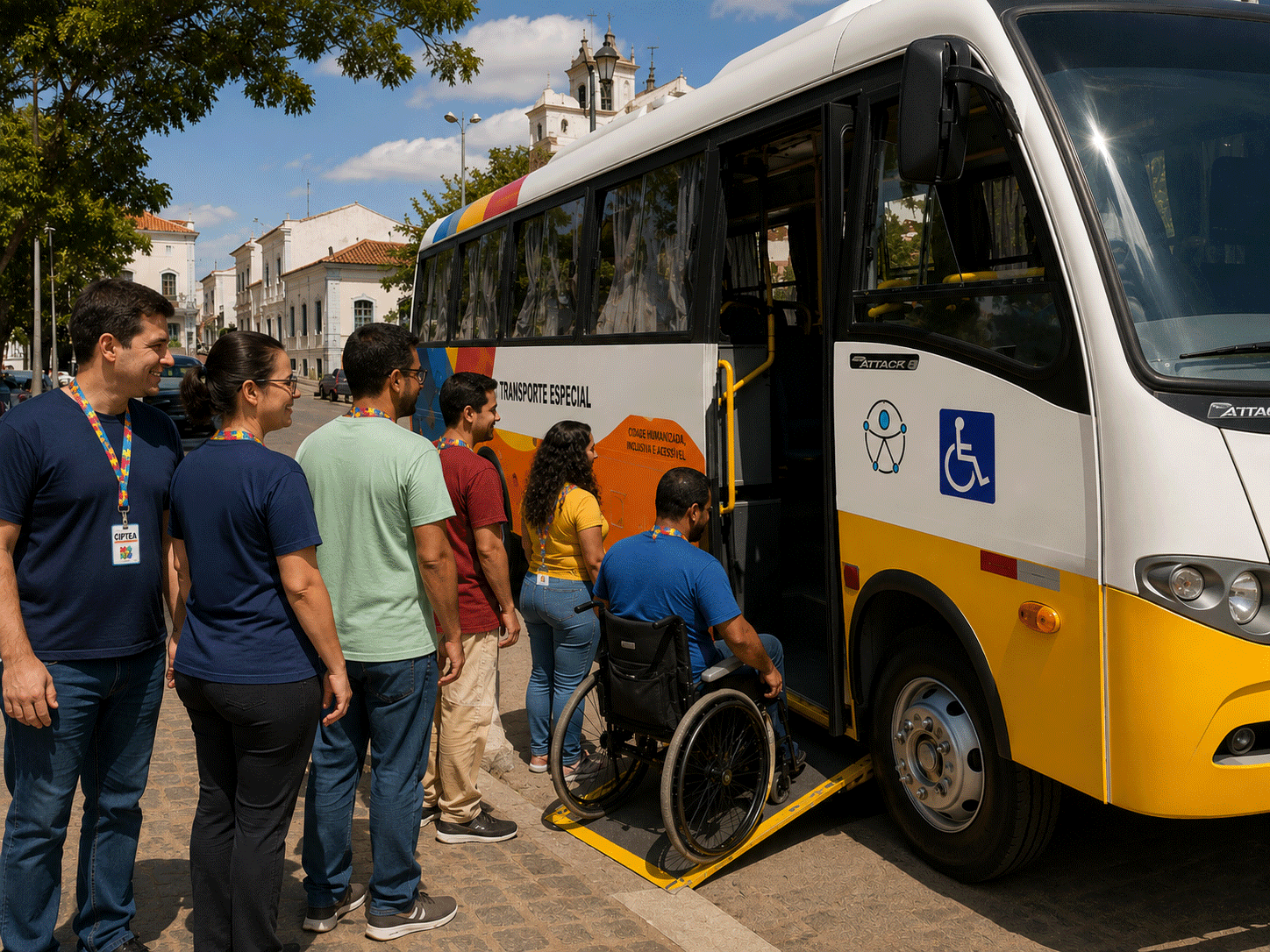 Pessoa com deficiência sendo acompanhada com segurança em ambiente urbano